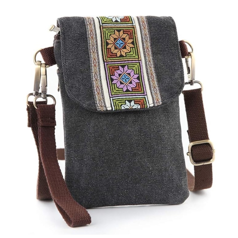 Bohemian gray and Brown Crossbody Bag with Ethnic Embroidery